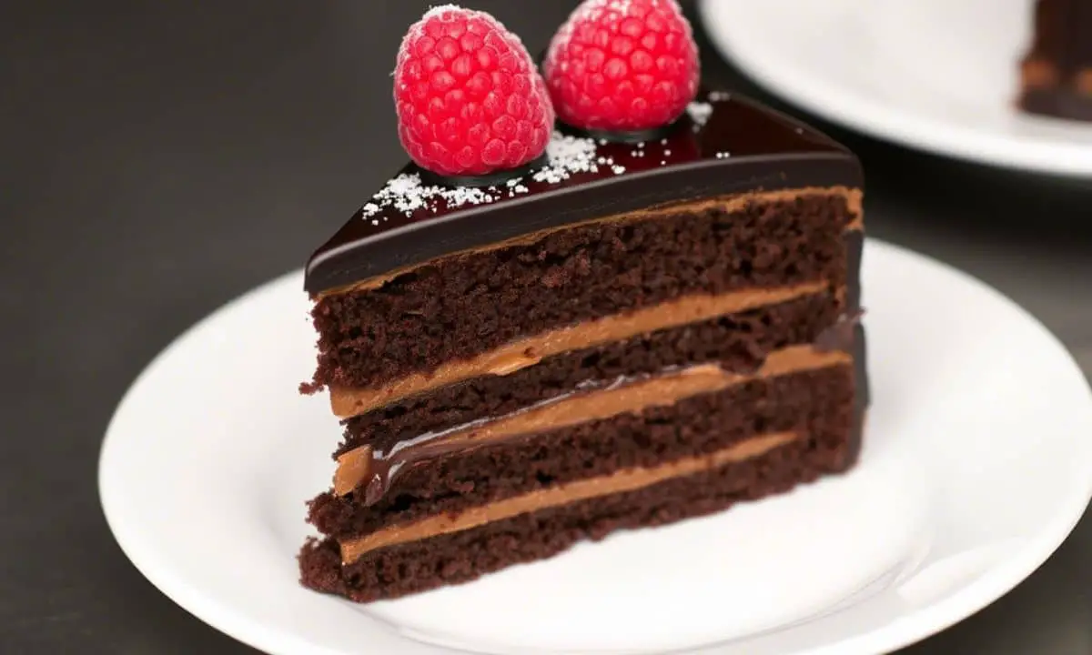 close up image of a slice of Ruth’s Chris Chocolate Sin Cake on a simple plate